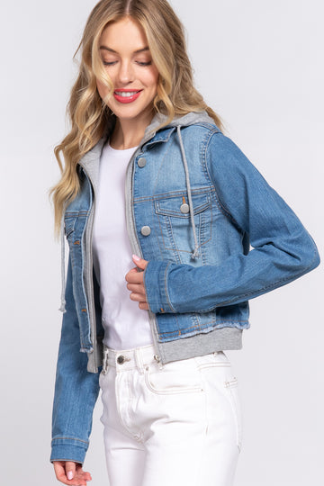 Women's Long Sleeve Contrast Terry Hoodie Denim Jacket with Stretch Fabric